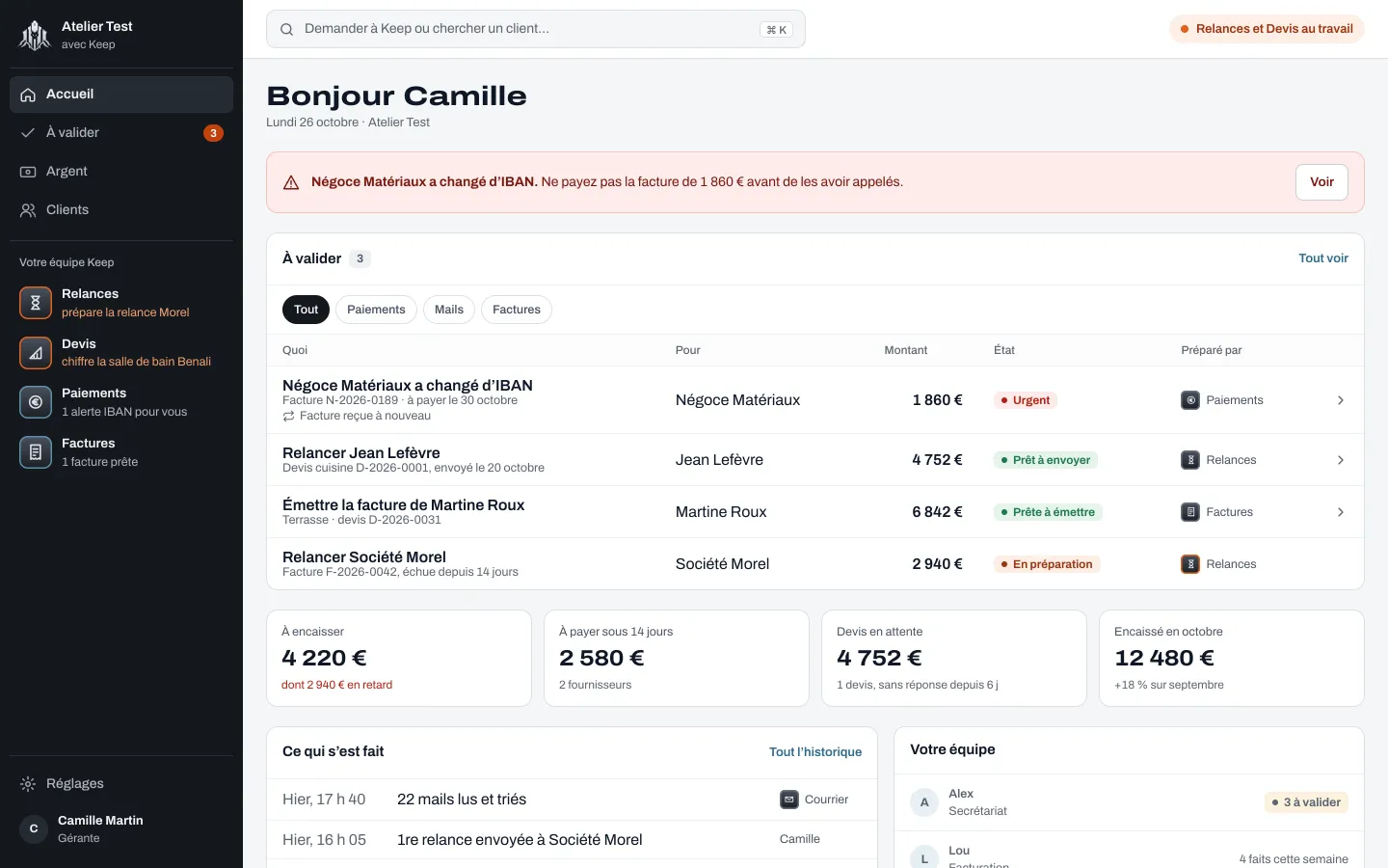 L’accueil de Keep pour la gérante : une alerte d’IBAN, quatre décisions à valider, l’argent à encaisser et ce qui s’est fait.