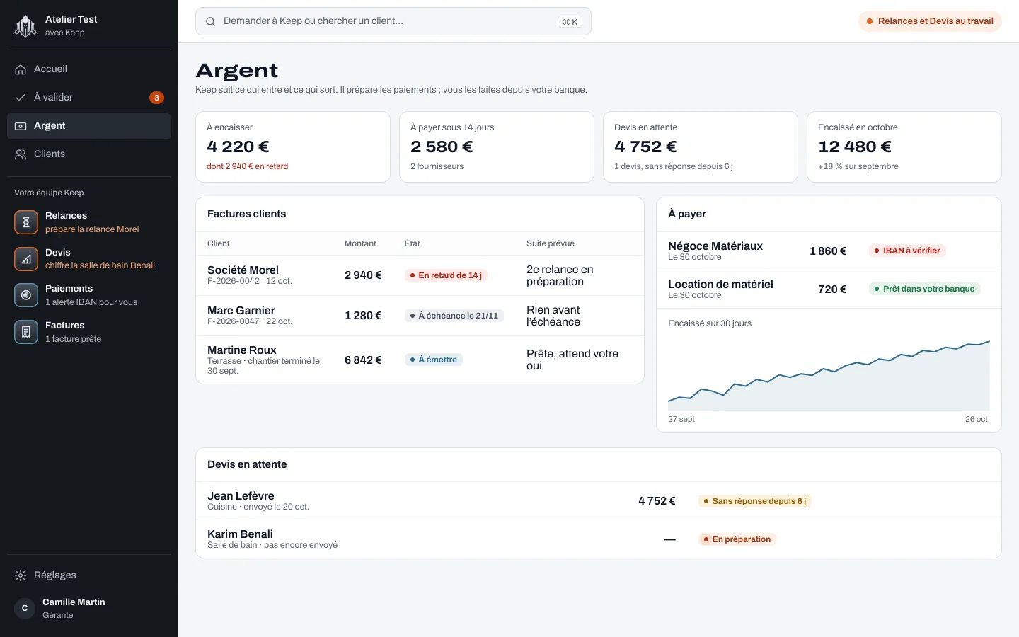 L’écran Argent de Keep : à encaisser, à payer, factures clients et devis en attente.