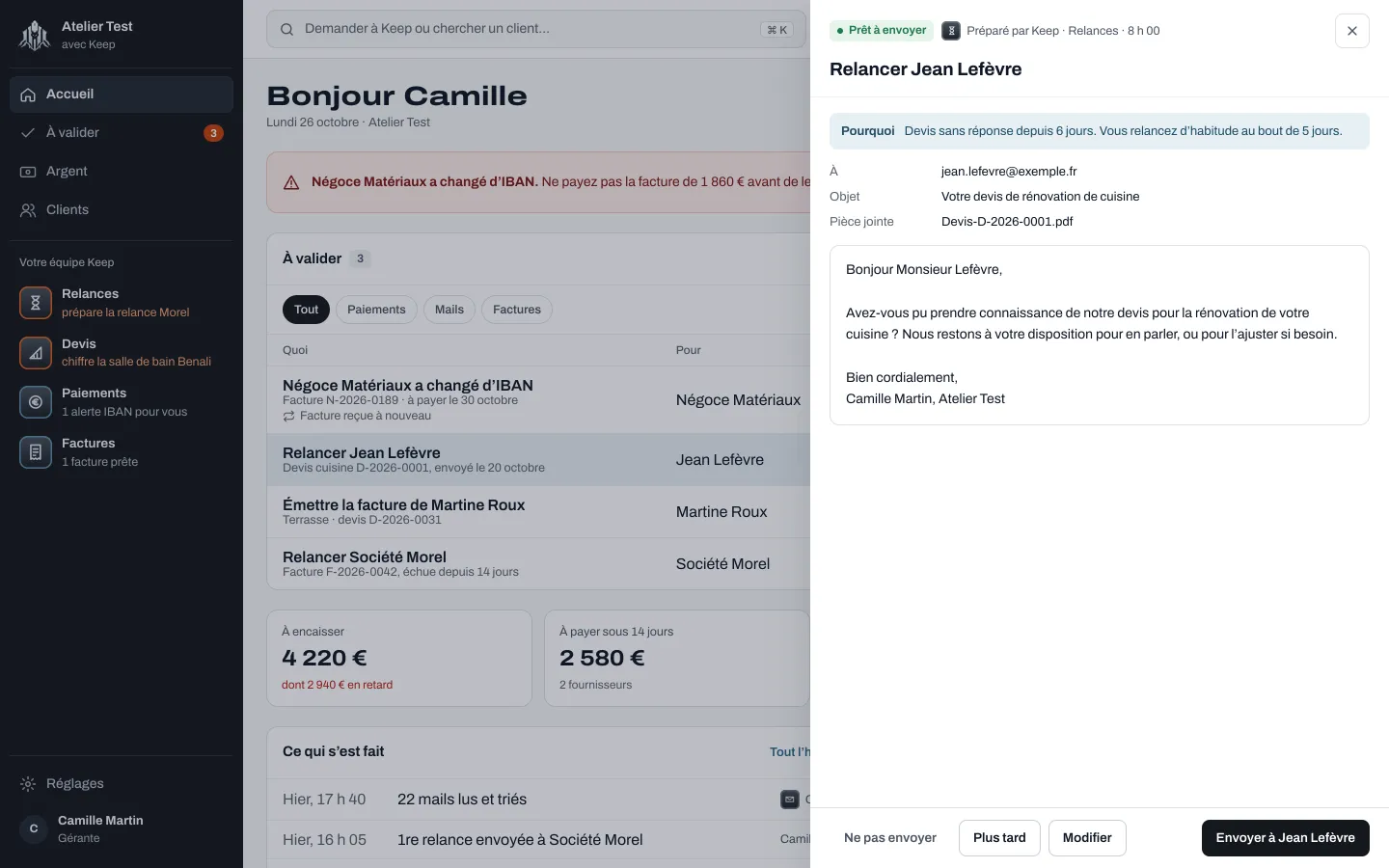 L’écran de Keep : à droite, la carte « Relancer Jean Lefèvre », préparée par Keep, avec le pourquoi, le texte exact et le bouton « Envoyer à Jean Lefèvre ».